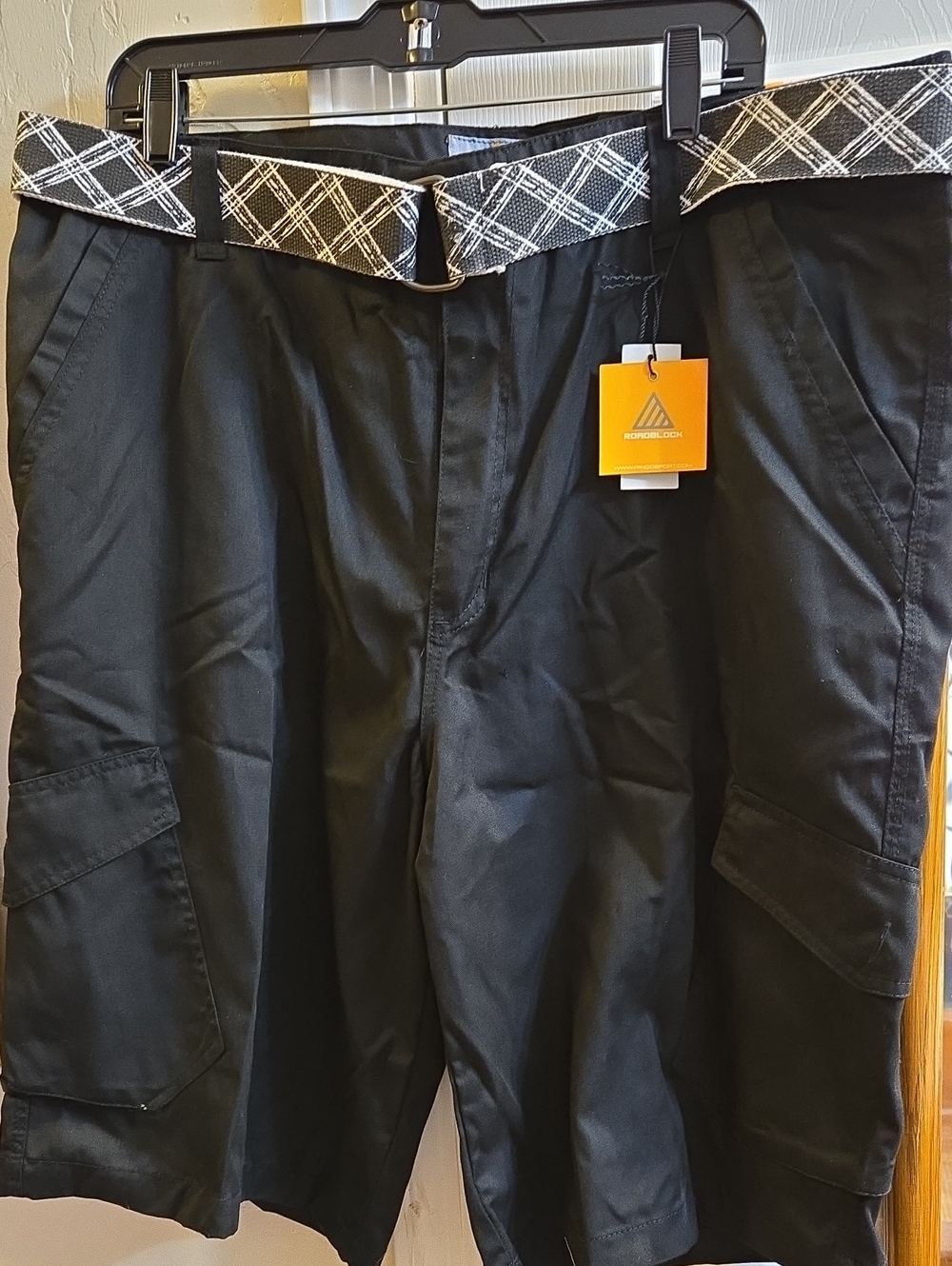 Men's Black Cargo Shorts with Plaid Belt